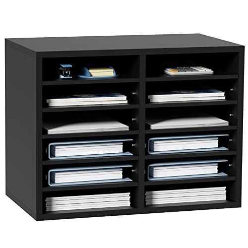 VEVOR Literature Organizers, 12 Compartments Office Mailbox with Adjustable Shelves，Wood Literature sorter 20.4x12x16.1 inches for Office, Home, Classroom, Mailrooms Organization, EPA Certified Black - color: Black, style: 12 Compartments