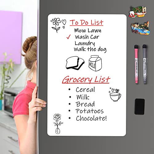 Magnetic Dry Erase Board Fridge Whiteboard Sheet 17"x11", Easy to Write and Clean, Flexible Refrigerator White Board for Home Kitchen Memo Shopping List, 2 Marker Pens and Eraser with Magnets - style: White 17"X11"