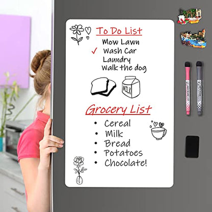 Magnetic Dry Erase Board Fridge Whiteboard Sheet 17"x11", Easy to Write and Clean, Flexible Refrigerator White Board for Home Kitchen Memo Shopping List, 2 Marker Pens and Eraser with Magnets - style: White 17"X11"
