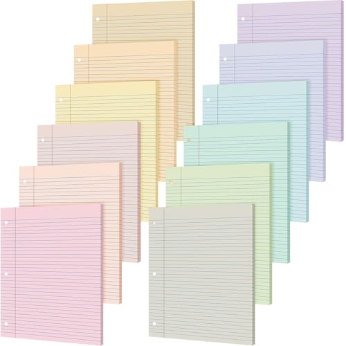PerKoop 12 Pack 600 Sheets Colored Loose Leaf Paper College Ruled 8" x 10.5", Pastel Colorful Lined Writing Paper 3 Hole Punched Filler for 3 Ring Binder School Office Supplies(Light Color) - color: Light Color