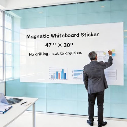 Large Self-Adhesive Whiteboard Sticker 47"x30" - Magnetic Receptive Dry Erase Wall Decal for Classroom, Home Office & Small Conference Room, No Ghosting, Peel & Stick, w/ 11 Markers & Magnets - size: 30"W x 47"H