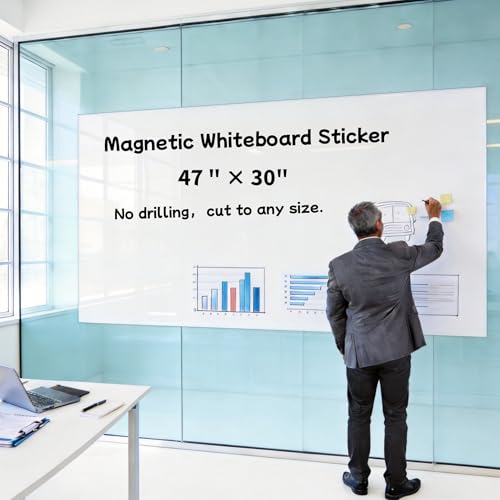 Large Self-Adhesive Whiteboard Sticker 47"x30" - Magnetic Receptive Dry Erase Wall Decal for Classroom, Home Office & Small Conference Room, No Ghosting, Peel & Stick, w/ 11 Markers & Magnets - size: 30"W x 47"H