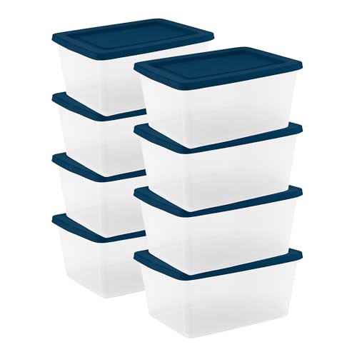 Sterilite 8 Pack Storage Boxes, Clear Plastic Stackable Containers, Lightweight Home Organizers with Snap Lids, 58 Quart, Marine Blue - color: Marine Blue, size: 58 Quart (8 Pack)