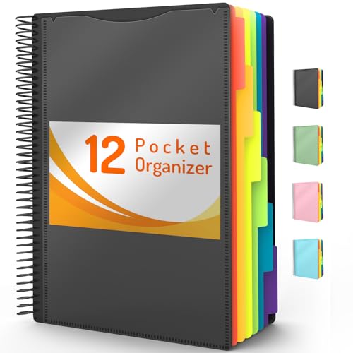 12 Pocket Project Organizer, Forvencer 1/6-cut Tab Binder Organizer with Sticky Labels, Multi Pocket Folder with Zipper Pouch, Folder Binder Spiral Pocket Notebook, Office Supplies, Letter Size, Black - color: Black