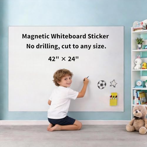 Magnetic Wall Decal Whiteboard 42"x24" - Family Command Center, Self-Adhesive Dry Erase Board for Kitchen & Home Office, No Ghosting, Meal Planner, Magnet-Receptive, w/ 11 Markers & Magnets - size: 42"×24"