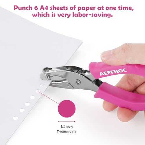 AEFFNOC Single Hole Punch, One Hole Puncher with Soft Grip Handle, 1/4 Inch Paper Hole Punches, Small Hole Punchers with Paper Mess Tray, 6 Sheets Capacity, for Crafts, Scrapbooks (Pink) - color: Pink 1/4 inch