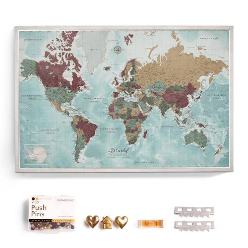 Canvas World Map with Cork Pin Board - English Lettering - Decorative Wall Decoration for All Rooms - Canvas Pictures with World Map Motif (70x50 cm, Pattern 11) - color: Design 11, size: 28" x 20"