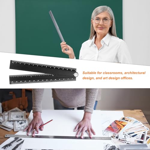 HARFINGTON Folding and Straight Ruler Kit 30/15cm Metric Aluminum Alloy Plastic Protractor Foldable Angle Ruler for Home Classroom Office, Black - color: Black