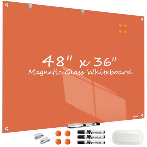 Glass White Board Dry Erase Board, 48x36 Inches Magnetic Glass Whiteboard, Large Dry Erase Board for Wall Office School Classroom Home, 4x3 Feet Orange Big Whiteboard Wall Mounted