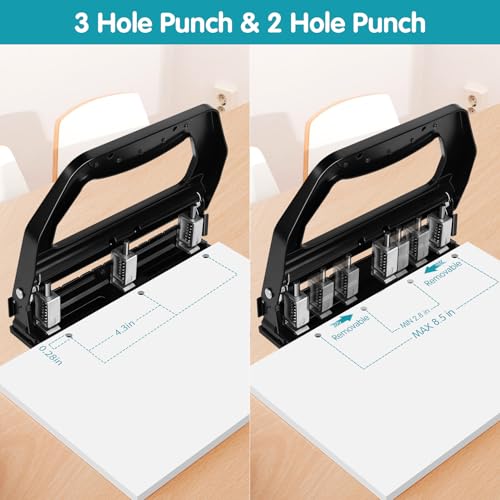 AFMAT 3 Hole Punch Heavy Duty, 9/32" Holes, 50-Sheet Hole Puncher 3 Ring, 50% Reduced Effort, Adjustable Two & Three Hole Punch, Metal Paper Puncher w/Large Chip Tray, Metal Paper Guide, Black, HP18 - color: Black