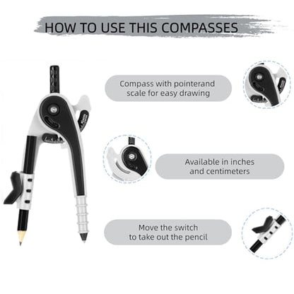 Vobou Professional Compass for Geometry Set with 6 Inch Protractor, Compass, Sharpener and Eraser for Circle Drafting Tool, Student Geometry Math Set (Black) - color: Black