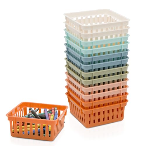 4E's Novelty 12 Boho Small Classroom Storage Baskets, Square 4.5" Plastic Colorful Crayon Container Trays, Organizer Bins for Shelf Desk Classroom Organization for Teachers, Office Home
