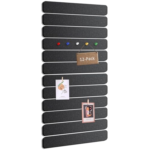 12-Pack Cork Board Alternative Felt Strip Board 13"x2", Office Pin Board with 30 Push Pins, Adhesive Install for Walls, for Paste Notes, Photos, Office Home Classroom (Black) - color: Black