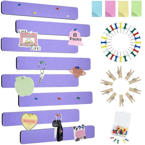Vuzvuv 8 pcs Bulletin Board Bar Strips with 50 Pushpins & 10 Wooden Clip pins，Self Adhesive Cork Board for Wall，Felt Pin Board for School，Office Decor(Medium Purple) - color: Medium Purple