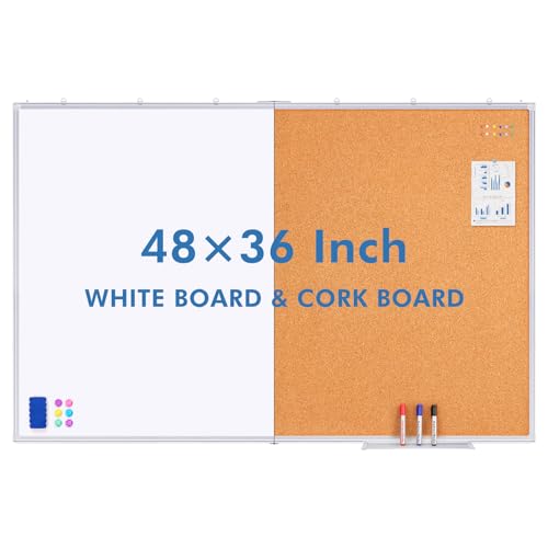Magnetic White & Cork Board Combo 48" x 36" Aluminum Frame | Dry erase bulletin board, wall mounted or hanging. Dual-function surface for writing & pinning. Ideal for home, office, shool - size: 48 x 36 inch