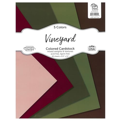 Accent Design Paper Accents Variety Pack, Vineyard Cardstock Pack, 40 Sheets, 5 Coordinating Colors, Mixed Weights and Textures, Scrapbooking Cards and Crafts, 8.5x11 Inch - color: Vineyard