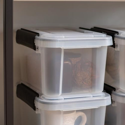 IRIS USA WeatherPro 6 Qt Storage Bins with Lids, 6 Pack, BPA-Free Plastic Gasket Box with Tight Latch and Seal, Stackable Nestable Tote Tub - Clear/Black - size: 7 Qt, style: 6 Pack