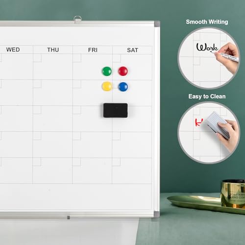 Comix Magnetic Dry Erase Calendar Whiteboard, 36 x 24 Inches Monthly Calendar Dry Erase Board for Wall, Aluminum Frame Planner White Board with Dry Erase Markers, Eraser, Magnets - size: 36"W x 24"H