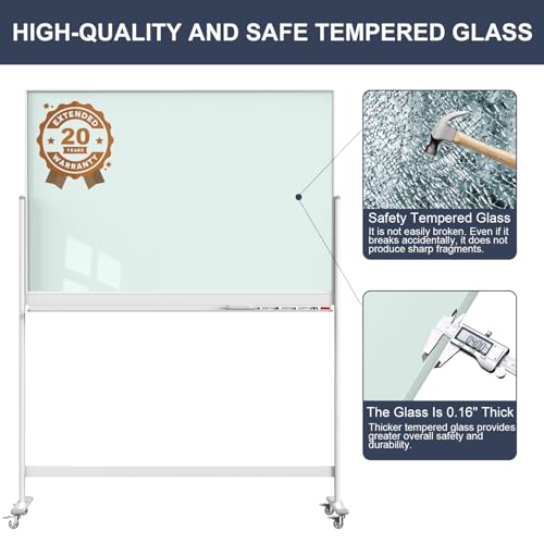 Tankee Rolling Whiteboard, 48x32 Inches Magnetic Glass Dry Erase Board with Stand, Standing White Board on Wheels, Large Glass Mobile Whiteboard for Office School Classroom Home Homeschooling - color: Magnetic Glass Board - W, size: 48"x32"