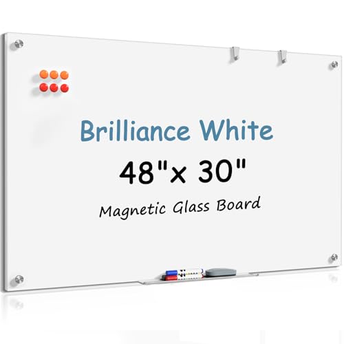 MaxGear Tempered Glass Whiteboard Dry Erase Board 48x30 Inch Ultra White | Magnetic Steel,Frameless Design,Smooth Writing,Ghost Free,Wall Mounted,Accessory Kits,Office Classroom Conference Room Use - color: Brilliance White, size: 48"W x 30"H
