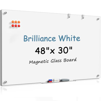 MaxGear Tempered Glass Whiteboard Dry Erase Board 48x30 Inch Ultra White | Magnetic Steel,Frameless Design,Smooth Writing,Ghost Free,Wall Mounted,Accessory Kits,Office Classroom Conference Room Use - color: Brilliance White, size: 48"W x 30"H