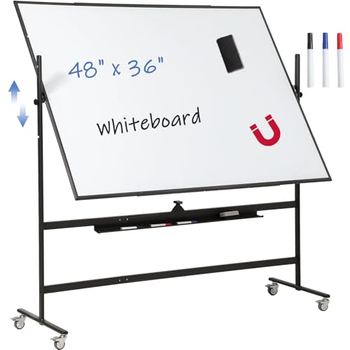 FORTUNO Magnetic Mobile Whiteboard 48"x36", Rolling Double Sided Dry Erase Board with Stand, Reversible Adjustable Height/Angle Easel White Board on Wheels 4' x 3' for Office Classroom Home, Black - color: Black, size: 48"W x 36"H