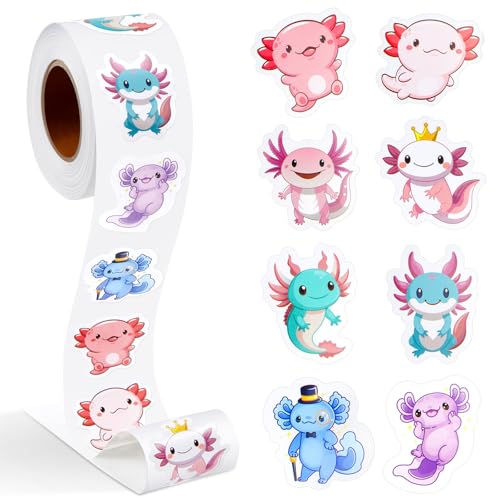 Qeeenar 1 Roll Axolotl Stickers Decal Reward Cute Office Supplies Incentives Animals Sticker Christmas Party Favor, 500 Pcs Each Roll - style: Axolotl