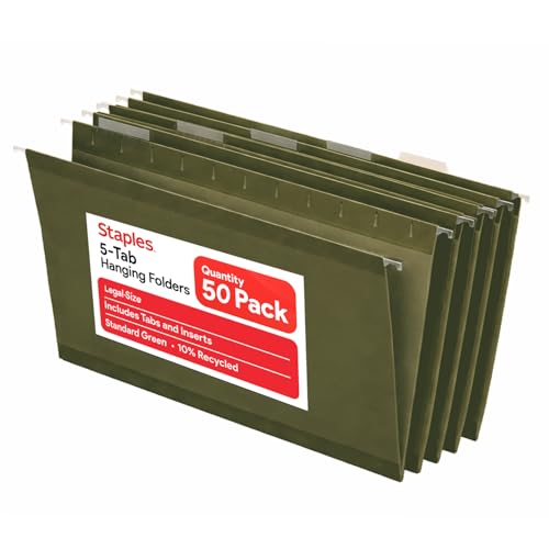 Staples Hanging File Folders, Legal Size, 1/5‑Cut Tabs, Standard Green, Includes Tabs & Paper Inserts – 50/Pack - style: 50 Pack