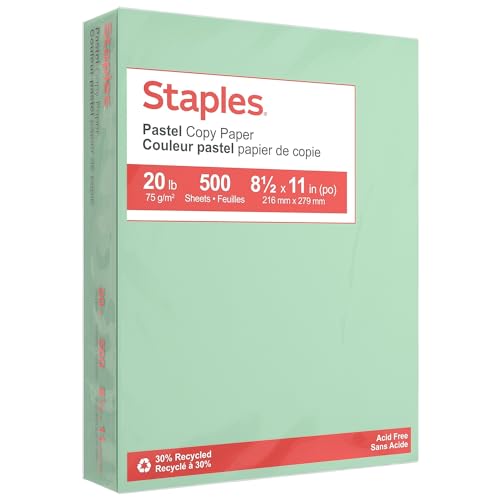 Staples 30% Recycled Color Copy Paper, 20 lbs., 8.5" x 11", Green, 500/Ream, For Office, School & Home - style: Green