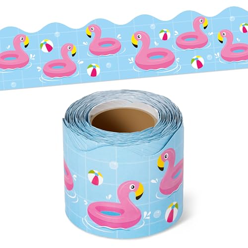 BeYumi Summer Flamingo Border Trim - 65ft Back to School Pool Rolled Border | Tropical Flamingo Beach Swimming Pool Bulletin Board Set School Classroom Office Chalkboard Home Party Holiday Decoration - style: Summer Flamingos