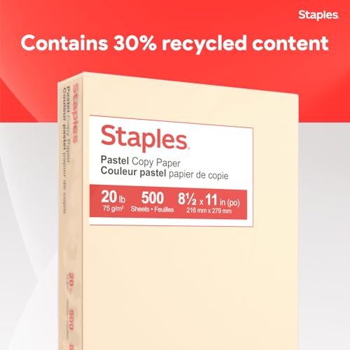 Staples Pastel Recycled Copy Paper, Cream, 20 lb., 8.5" x 11", 500 Sheets – 30% Recycled Multipurpose Paper for Printing & Documents - style: Cream