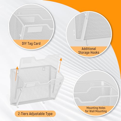 Docnest 2 Tier Mesh Wall File Holders with Hooks – 3 Pack Hanging Letter Holder - Document Organizer for Mail, Paper, Office, Home, School – Space-Saving Wall Mounted Folder Holder – White - color: 2 Tier-White-3 Pack