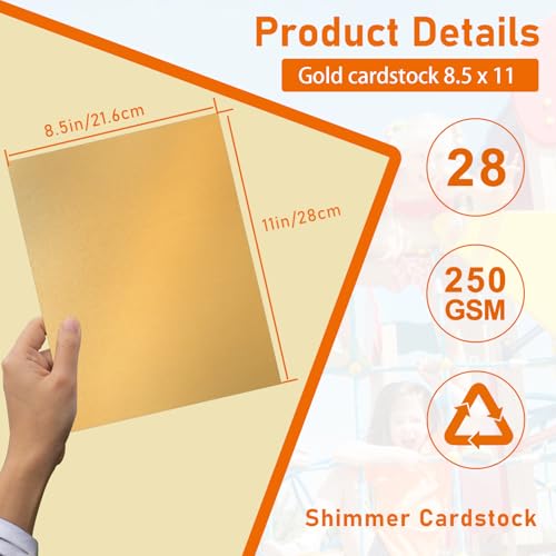 Guakicae 28 Sheets Gold Shimmer Cardstock 8.5 x 11 Premium Paper, 250gsm/92lb Heavyweight Yellow Craft Paper Card Stock for Wedding Invitations, Greeting Cards, Making Cards - color: Gold, size: 28 Sheets