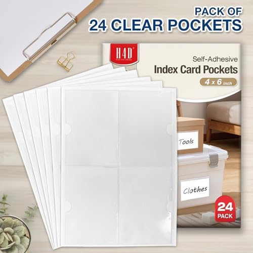 H4D 24 Pack Labels for Storage Bins, 4" x 6" Plastic Clear Adhesive Index Card Holders, Tote Label Pockets for Organizing Storage, Library Card, Shelves - size: 4" x 6", style: 24 Pack