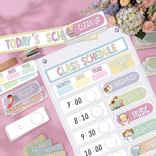 Funrous Daily Schedule Pocket Chart with 82 Cards, Linen Wall Hanging Organizer for Welcome Back to School Classroom Decorations Homeschool Visual Planner Routine Calendar(Spotty Boho) - style: Spotty Boho