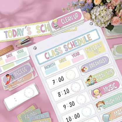 Funrous Daily Schedule Pocket Chart with 82 Cards, Linen Wall Hanging Organizer for Welcome Back to School Classroom Decorations Homeschool Visual Planner Routine Calendar(Spotty Boho) - style: Spotty Boho
