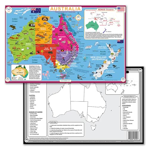 Tot Talk Australia Educational Placemat for Kids – Made in USA – Durable, Double-Sided, States & Territories, Capitals, Natural Wonders, & Bonus: Oceania – Waterproof Wipeable, 17.5” x 11.5” - color: Australia