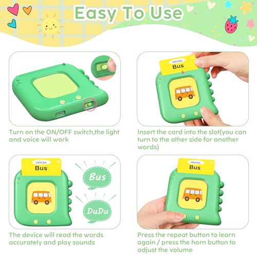 Talking Flash Cards,Kids Toddler Flash Cards with 240 Sight Words,Montessori Toys,Autism Sensory Toys,Speech Therapy Toys,Learning Educational Toys Gifts for Age 4 5 6 Years Old Boys and Girls - style: Dinosaur Green
