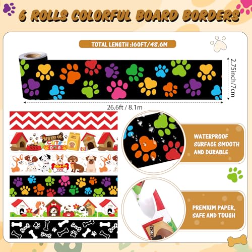 Tenceur 160ft Dog Bulletin Board Borders, 6 Rolls Puppy Paws Scalloped Borders Trim, Animal Classroom Decoration for Summer Back to School Office Chalkboard Whiteboard Poster - style: Dog