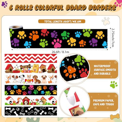 Tenceur 160ft Dog Bulletin Board Borders, 6 Rolls Puppy Paws Scalloped Borders Trim, Animal Classroom Decoration for Summer Back to School Office Chalkboard Whiteboard Poster - style: Dog