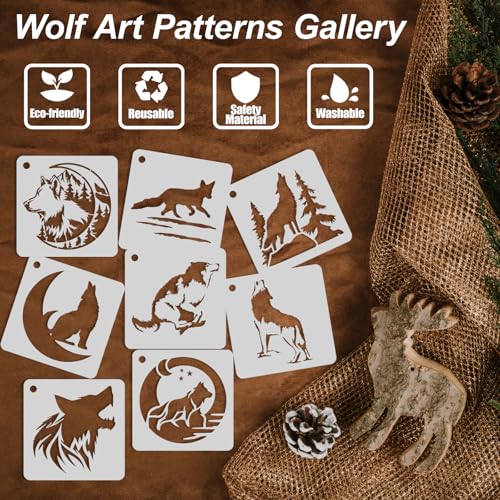 Wolf Stencils for Painting, 56PCS 3" Plastic Stencils for Crafts Reusable, Wildlife & Forest Scene Patterns, for Canvas Art, Wood Signs, Journal, Fabric Painting, Wall Decor & DIY Gift Projects - style: Wolf