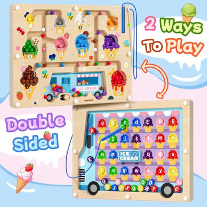 2 in 1 Magnetic Maze Board for Kids Montessori Toys Double-Sided Counting Magnetic Alphabet Letters ABC Magnets Puzzles 3-5 Age Boys and Girls Birthday Gifts