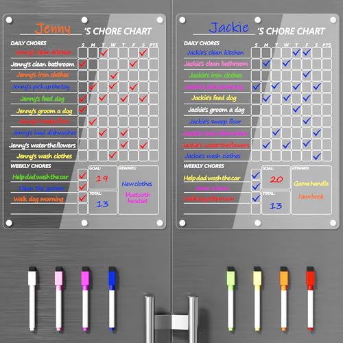 Neatsure Acrylic Magnetic Chore Chart for 2 Kids, Clear Chores Chart for Fridge Refrigerator, Weekly Dry Erase Board for Multiple Kids Teens Adults, w/ 8 Colors Markers, 15"x11" - size: 15"x11", style: Chore Chart