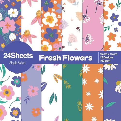 6x6” 160gsm cardstock Single Sided Scrapbooking 24 Papers Pad vintage decoupage scrapbook kit patterned paper junk journal supplies journaling supply scrap paper crafting Fresh Flowers - color: 24sheets-fresh flowers