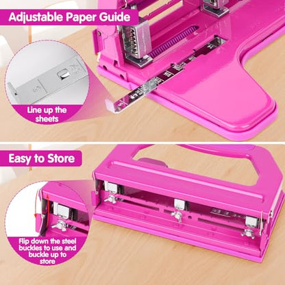 AFMAT 3 Hole Punch Heavy Duty, 9/32" Holes, 50-Sheet Hole Puncher 3 Ring, 50% Reduced Effort, Adjustable Two & Three Hole Punch, Metal Paper Puncher w/Large Chip Tray, Metal Paper Guide, HP18 - color: Purple