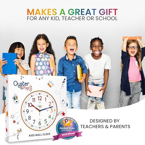 Oyster&Pop Kids Clock - Silent 10" Analog Clock, Learning Wall Clocks - Award-Winning Telling Time Teaching Clock for Kids - Bedrooms Homeschool & Classrooms - Includes eBook - color: Rainbow, size: 10 inch