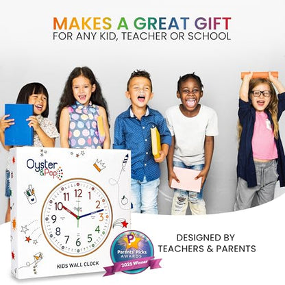 Oyster&Pop Kids Clock - Silent 10" Analog Clock, Learning Wall Clocks - Award-Winning Telling Time Teaching Clock for Kids - Bedrooms Homeschool & Classrooms - Includes eBook - color: Rainbow, size: 10 inch