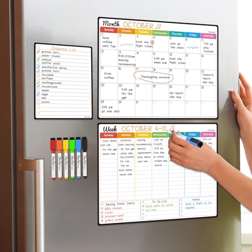 Magnetic Dry Erase Monthly Calendar Set - 14.5"x11" Monthly and Weekly Calendar, 6.5"x8.5" List Board for Fridge - 6 Extra Fine Point Markers Included - Shipped Flat - style: Month+Week+List
