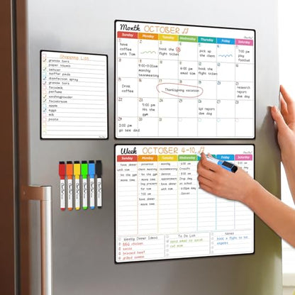 Magnetic Dry Erase Monthly Calendar Set - 14.5"x11" Monthly and Weekly Calendar, 6.5"x8.5" List Board for Fridge - 6 Extra Fine Point Markers Included - Shipped Flat - style: Month+Week+List