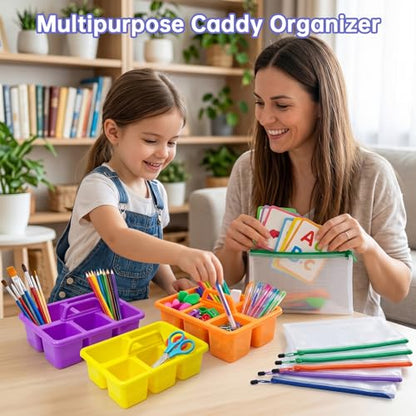 6 Pack Multiuse Caddy Organizer - Classroom Caddy with Handle & 5 Compartments, Portable Plastic Table Caddies Holder for Teacher, Desk, Art, School Supply Storage for Markers, Crayons